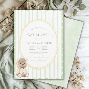 Green Stripe Bear Vintage Baby Shower  Invitation