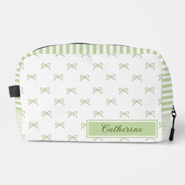 Green Stripe Bow Pattern Coquette Cosmetic Dopp Kit (Front)
