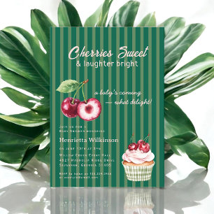 Green Stripe Cherry Cupcake Baby Shower Invitation