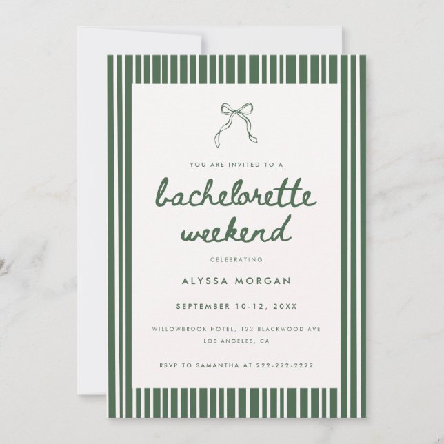 Green Stripe Coquette Bachelorette Weekend Details Invitation (Front)