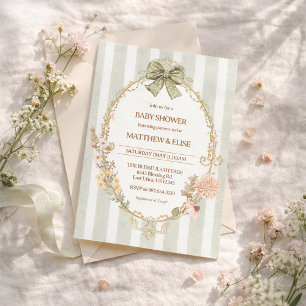 Green Stripe Cottagecore Baby Shower Invitation