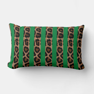 Green Stripe Leopard Print Lumbar Throw Pillow