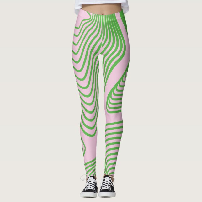 Green stripe on pink background leggins leggings (Front)