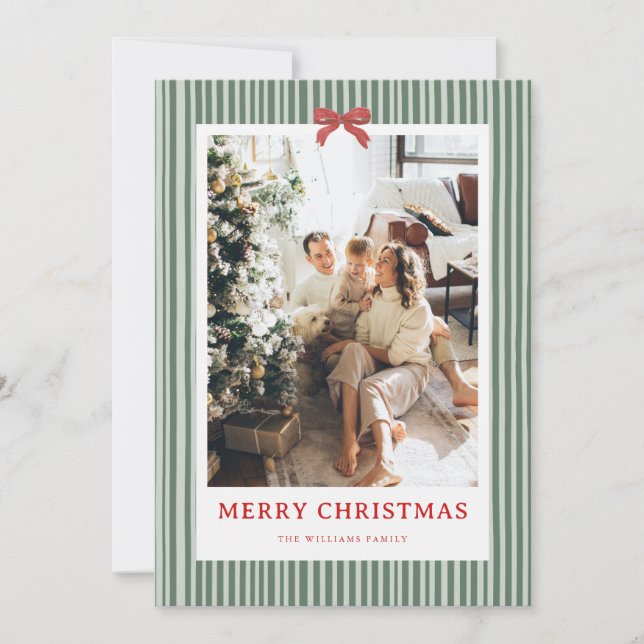 Green Stripe Red Bow Christmas Photo Holiday Card (Front)