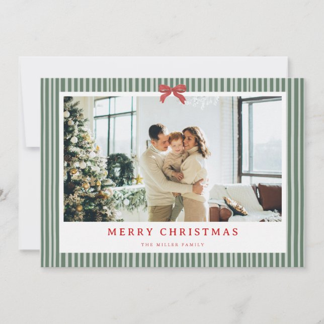 Green Stripe Red Bow Christmas Photo Holiday Card  (Front)