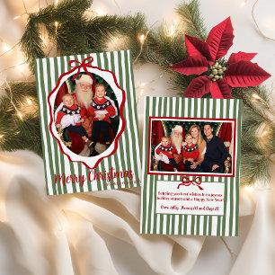 Green Stripe & Red Ribbon Frame Christmas Holiday Card