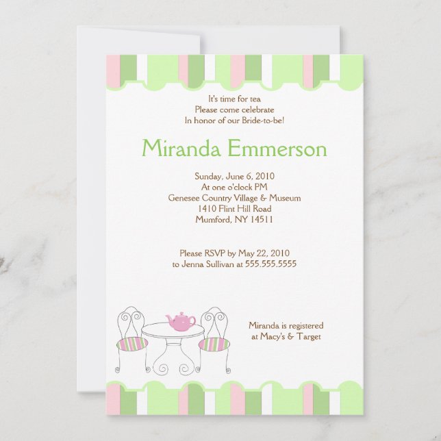 Green Stripe Tea Party Teapot Bridal Shower Invitation (Front)