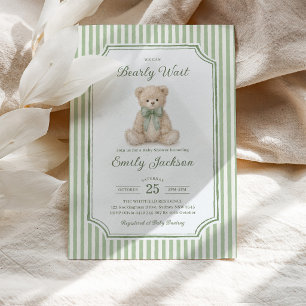 Green Stripe Teddy Bear Boy Baby Shower Invitation