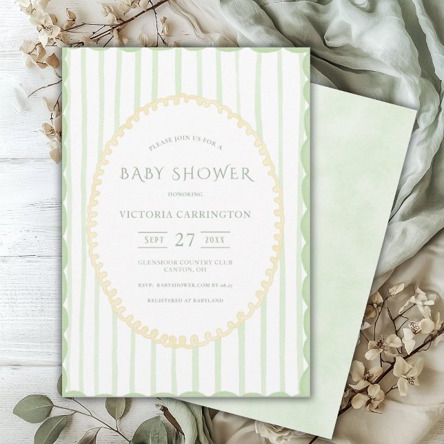 Green Stripe Vintage Baby Shower  Invitation (Creator Uploaded)