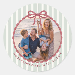 Green Striped Bow Christmas Photo Classic Round Sticker