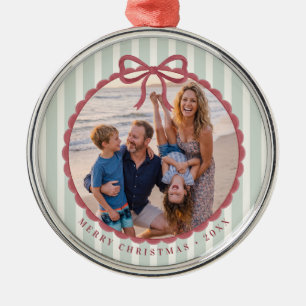 Green Striped Bow Christmas Photo Metal Tree Decoration