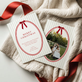 Green Striped Bow Photo Merry Christmas Card