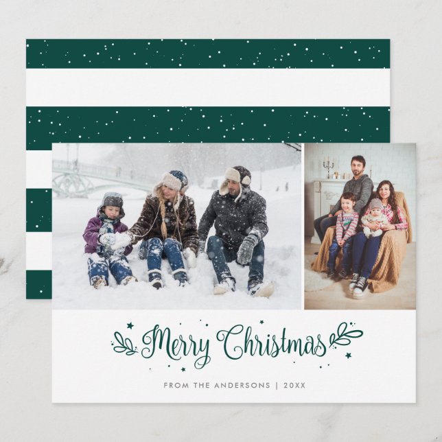 Green Striped Calligraphy Christmas Photo Cards (Front/Back)