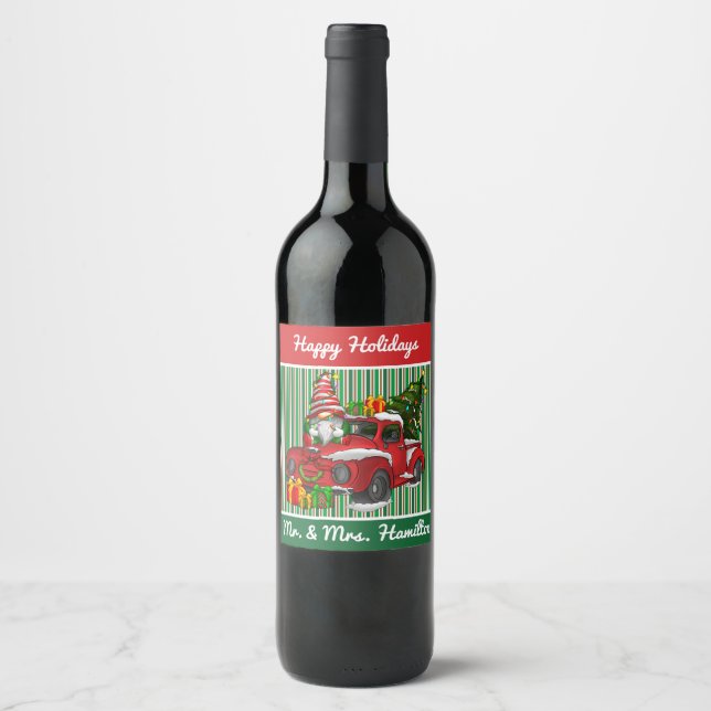 Green Striped Christmas Gnome Wine Label (Front)