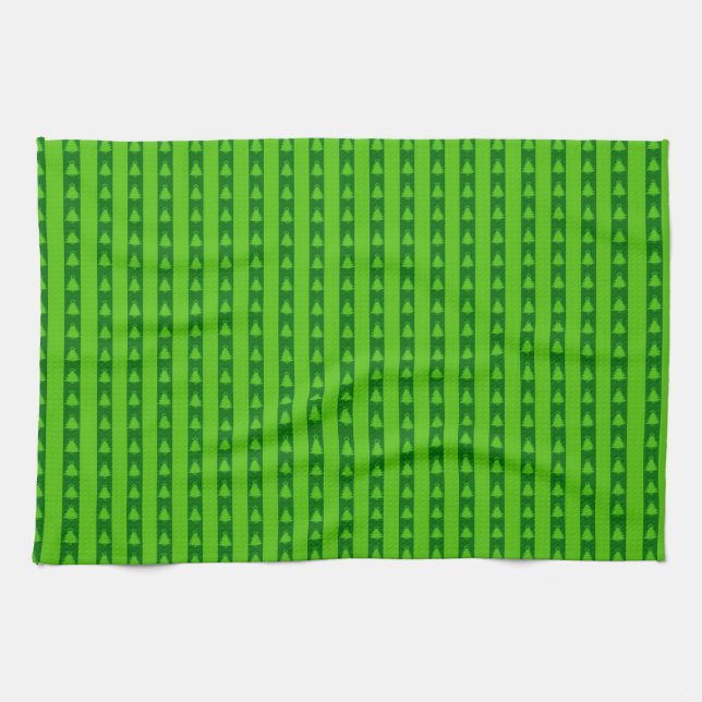 Green Striped Christmas Tree Pattern Tea Towel (Horizontal)