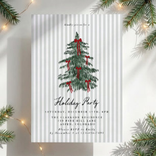 Green Striped Christmas Tree Red Bow Holiday Party Invitation