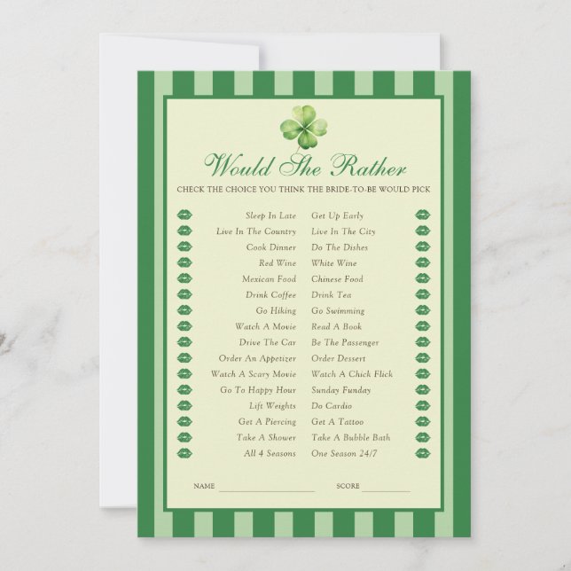 Green Striped Clover Would She Rather Game Card (Front)