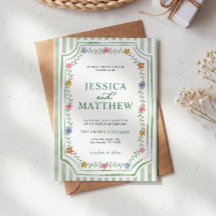 Green Striped Floral Wedding Invitation