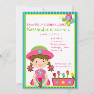 Green Striped Gardening Girl Birthday Invitation