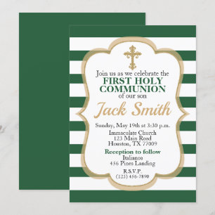 Green Striped Gold Glitter First Holy Communion Invitation