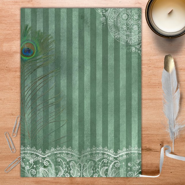 Green Striped Lace & Feather Scrapbook Paper (Creator Uploaded)