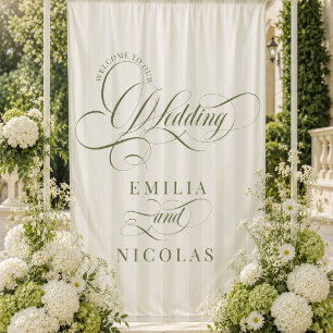 Green Striped Luxury Wedding Welcome Sign Tapestry
