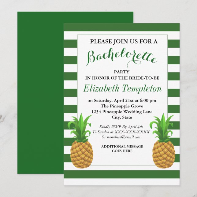 Green Striped Modern Pineapple Bachelorette Invite (Front/Back)