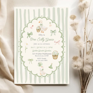 Green Striped One Silly Goose Birthday Invitation