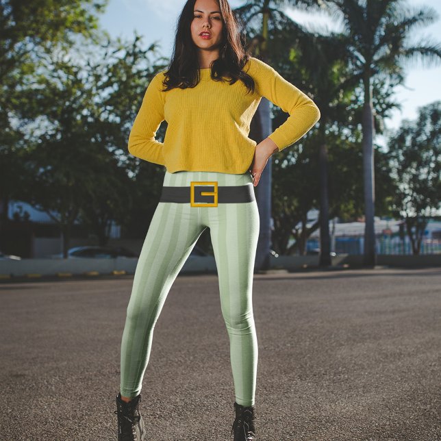 Green Striped Pattern Leprechaun Belt  Leggings (Cute Leprechaun belt and buckle St. Patrick's Day Leggings)