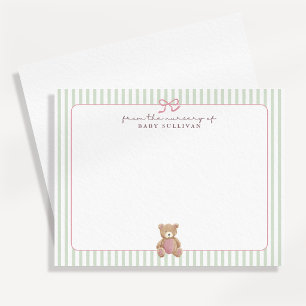 Green Striped Pink Teddy Bear Nursery Note card