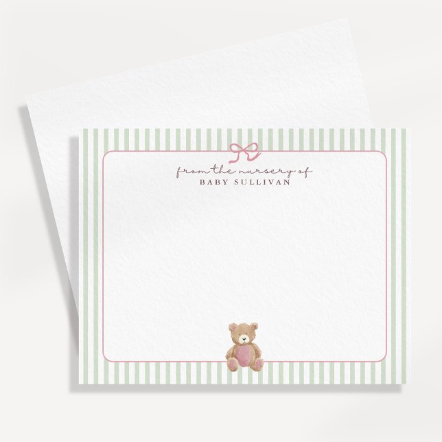 Green Striped Pink Teddy Bear Nursery Note card (Creator Uploaded)