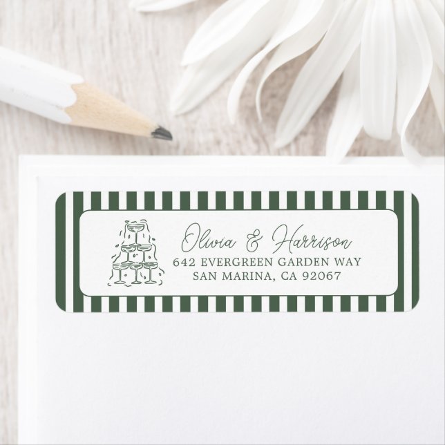 Green Striped Preppy Cabana Wedding Address Label (Insitu)