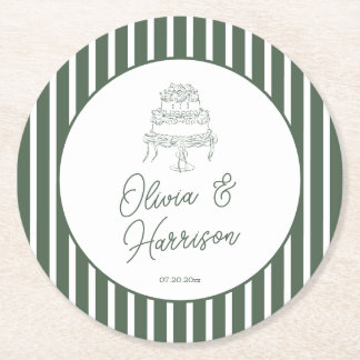 Green Striped Preppy Cabana Wedding Paper Coaster