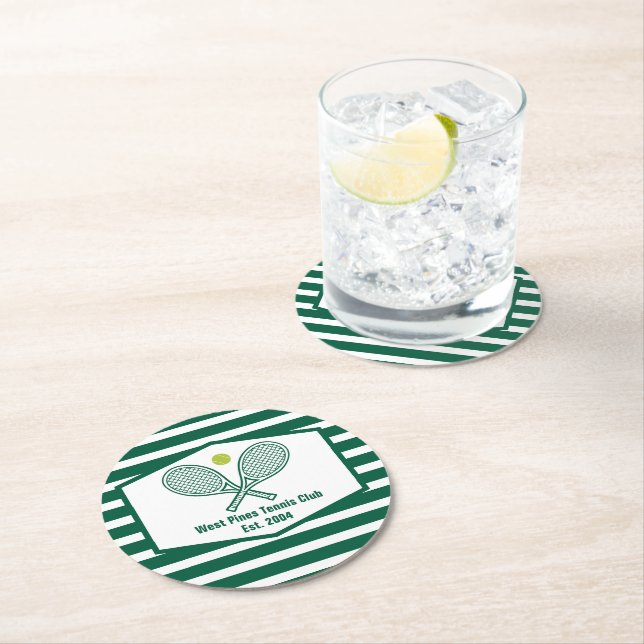 Green Striped Tennis Country Club Custom Round Paper Coaster (Insitu)