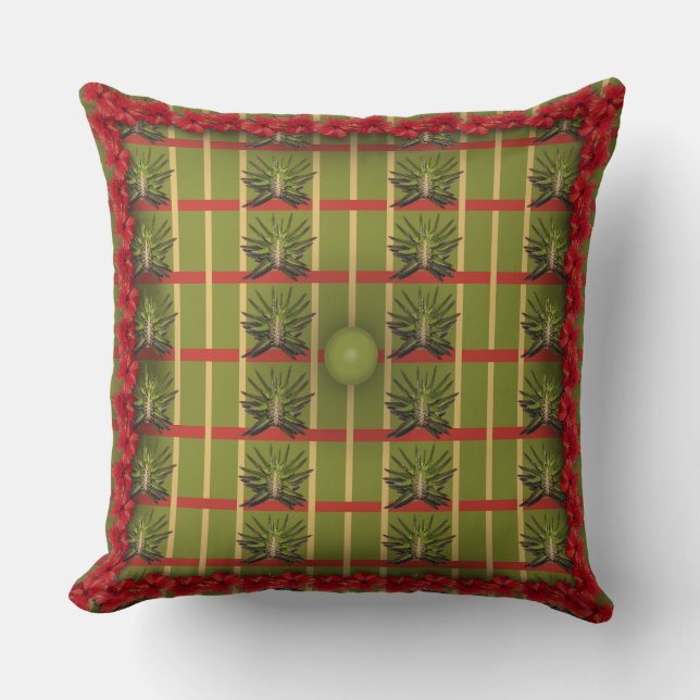 Green Striped, Tufted Fabric Throw Pillow (Front)