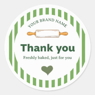 Green Striped Vintage Rolling Pin Bakery Thank You Classic Round Sticker