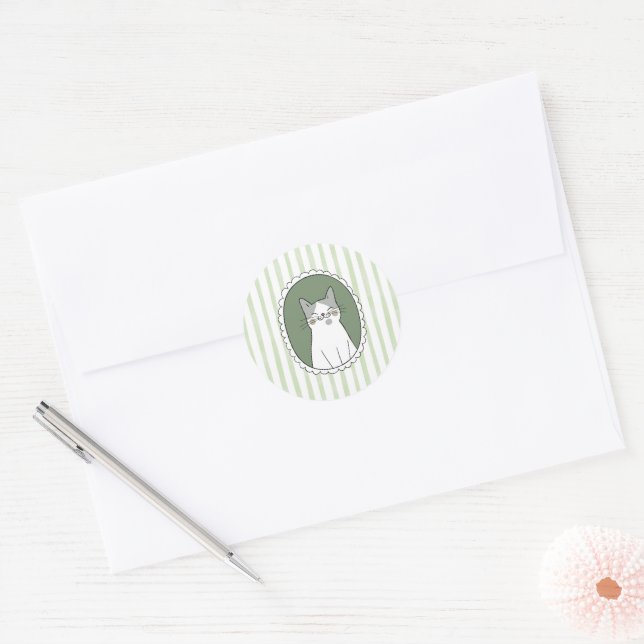Green Stripes Cat Classic Round Sticker (Envelope)