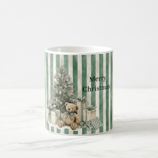 Green Stripes Christmas Tree Teddy Bear Gifts Coffee Mug (Center)