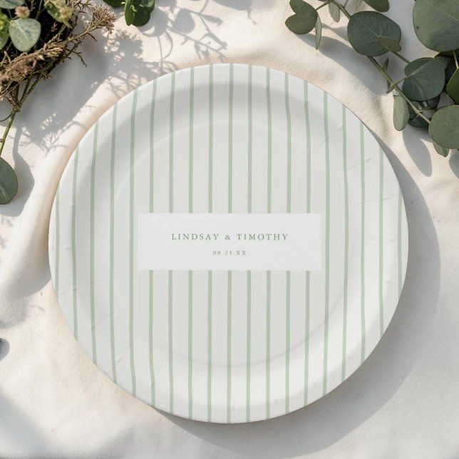 Green Stripes Classic Summer Wedding Paper Plate (Creator Uploaded)