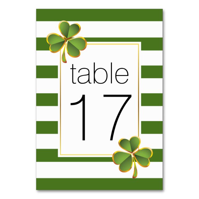 Green stripes & clover Irish wedding table number (Front)