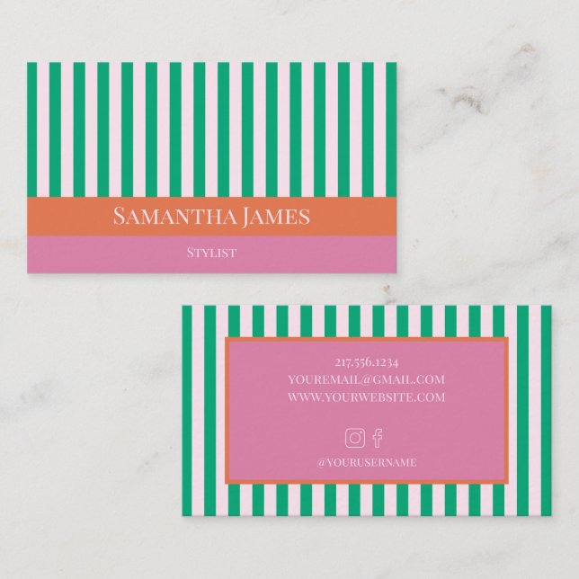 Green Stripes Colourful Pink Orange Business Card (Front/Back)