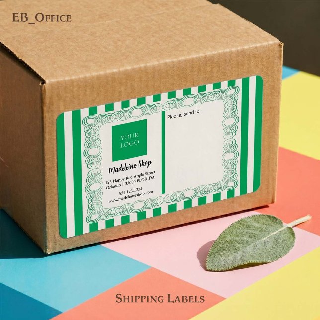 Green Stripes & Curly Frame & Logo (Chic Green & White Stripes with Logo.
Size: 3.75” L x 2” W - Eight labels per sheet
)