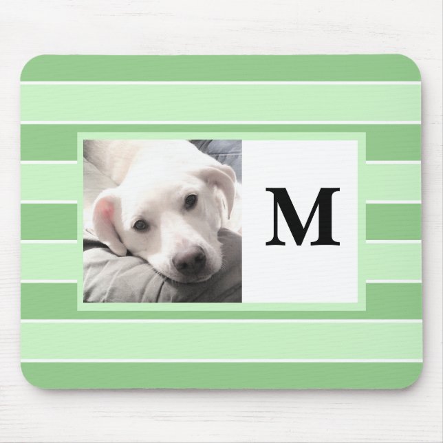 Green Stripes Custom Initial One Photo Cute Dog Mo Mouse Mat (Front)