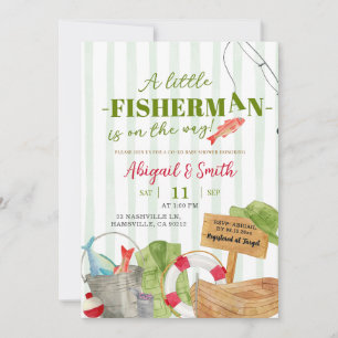 Green Stripes Fall Boy Fishing Baby Shower Invitation