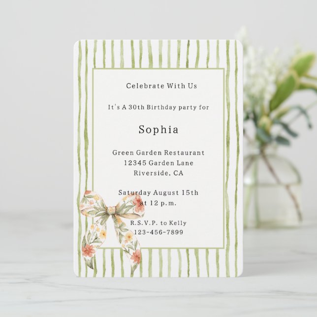 Green Stripes Floral Bow Birthday Invitation (Standing Front)
