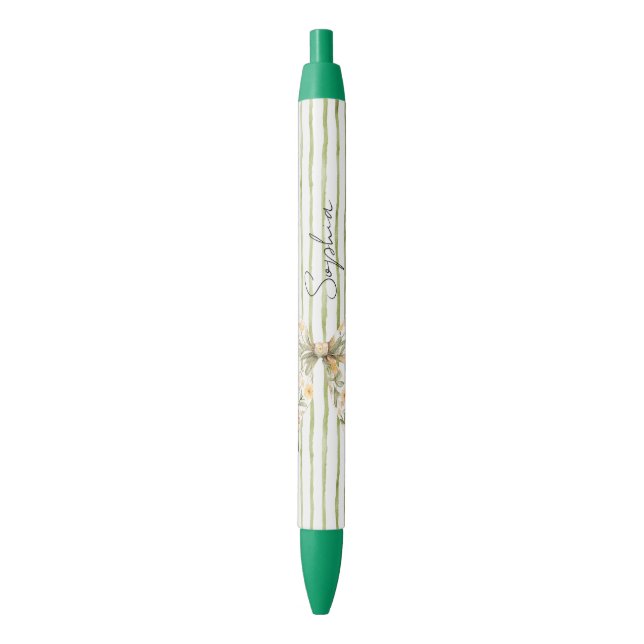 Green Stripes Floral Bow Black Ink Pen (Front Vertical)