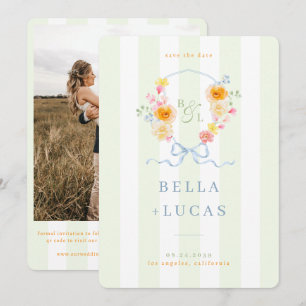 Green Stripes Floral Crest Monogram Spring Wedding Save The Date