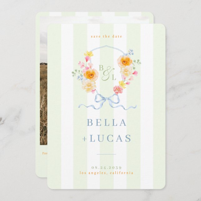 Green Stripes Floral Crest Monogram Spring Wedding Save The Date (Front/Back)