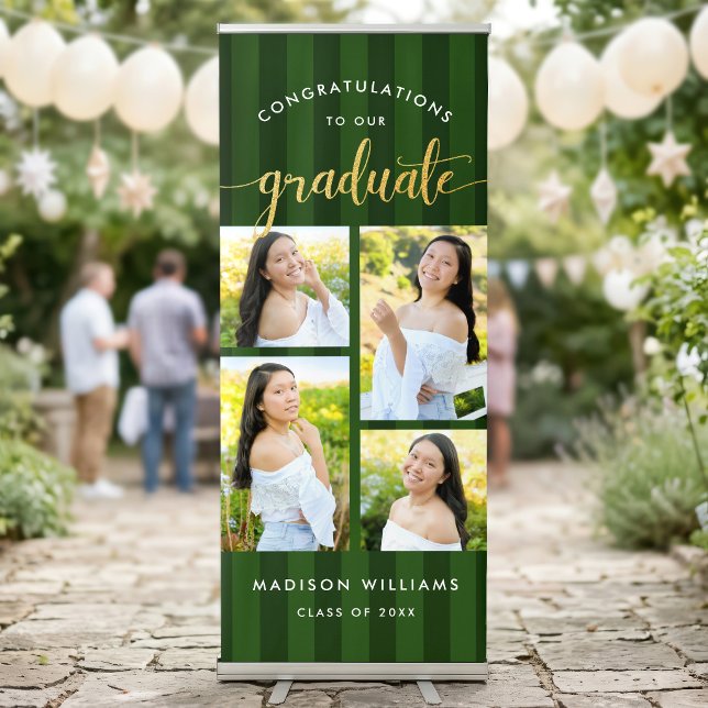 Green Stripes Graduate Gold Script 4 Photo Collage Retractable Banner (Creator Uploaded)