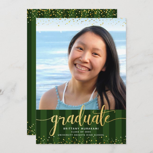 Green stripes graduation photo gold glitter script announcement (Front/Back)